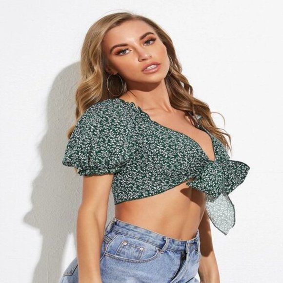 NEW Floral Print Front Tie Crop Top Boho Puff Slv - Picture 4 of 5